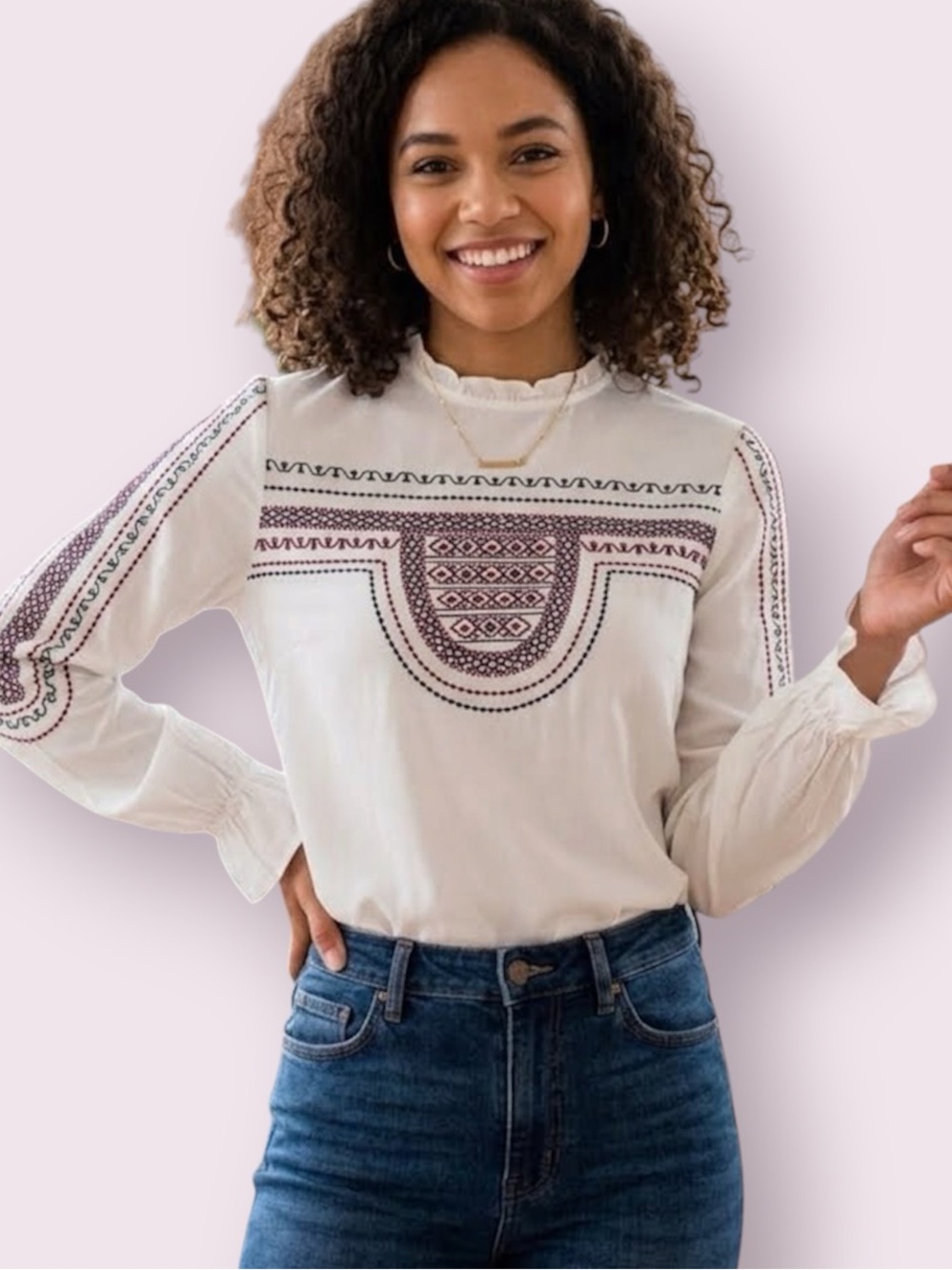 Zara Basic Boho Embroidered Blouse Long Sleeve High Neckline White Size XS